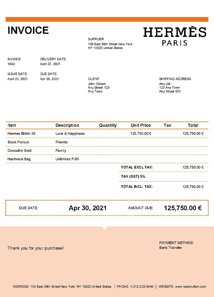 USA Hermes invoice template PSD template